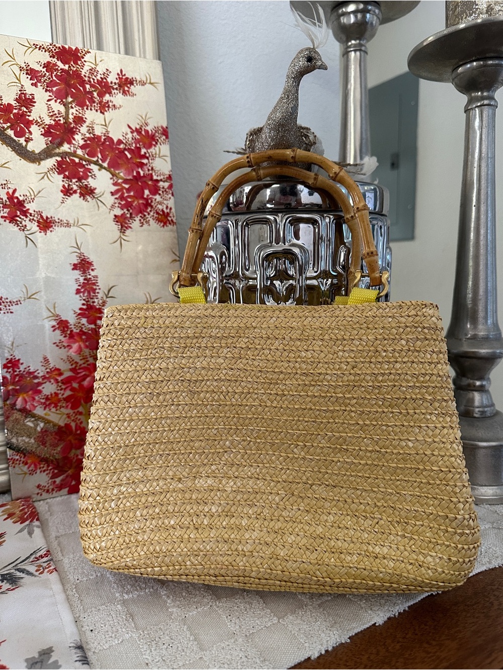 Woven Straw Top-Handle Tote Bag with Bamboo Handles - Natural